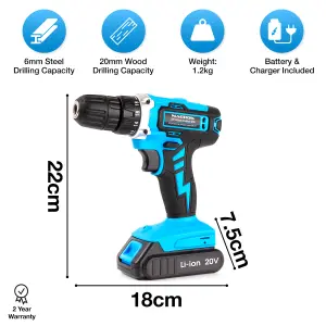 Naerok Cordless Drill 20V Electric Screwdriver Fast Charge 13 Pc Kit Li-Ion Battery Work Light & Charger Included