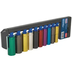 10 PACK Multi Colour DEEP Socket Set 1/2" Metric Square Drive - 6 Pt WallDrive