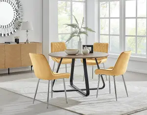 Furniturebox UK Santorini Brown Round Round Dining Table And 4 Mustard Pesaro Silver Leg Chairs