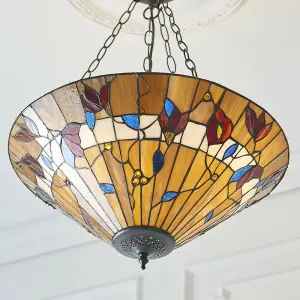 Large Tiffany Glass Pendant Ceiling Light - Dark Bronze Finish - 3 x 60W E27 GLS Needed