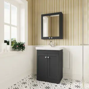 Traditional Floor Standing 2 Door Vanity Unit with 1 Tap Hole Fireclay Basin, 600mm - Soft Black