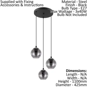 Pendant Ceiling Light Colour Black Shade Black Transparent Glass Vaporized E27 3x40W