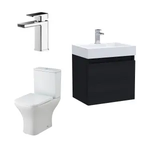 Cloakroom Suite - Vanity Unit, Tap and Toilet Set - Charcoal Black/Chrome