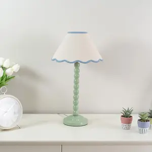 ValueLights Bobbles Sage Green Bobbin Table Lamp with Blue Trim Scallop Shade