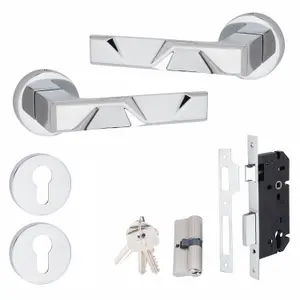 1 Set Nova Design Euro Lock Door Handle Set 70mm Barrell Key Polished Chrome Finish