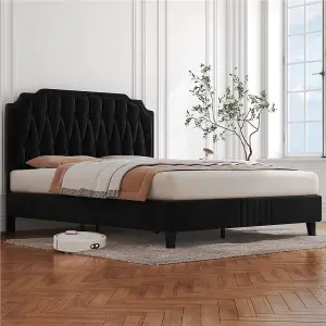 Yaheetech Black 4ft6 Double Upholstered Bed Frame with Button-Tufted Adjustable Headboard and Wooden Slat Support