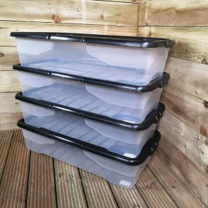 4 x 42L Clear Under Bed Storage Box with Black Lid, Stackable and Nestable Design Storage Solution