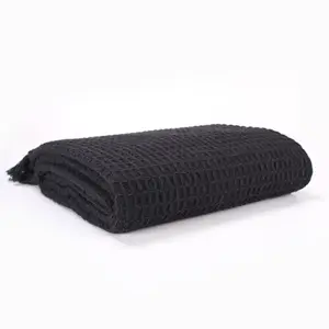 EHC Waffle Throws for Sofa Armchair Blanket Single Bed Cover, 127 X 152cm - Black