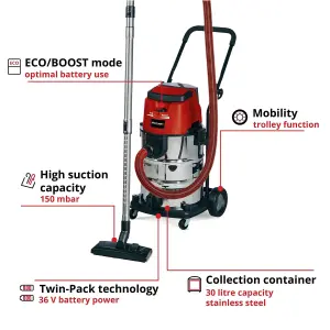 Einhell Cordless Wet And Dry Vacuum Cleaner 150mbar 36V Power X-Change 30L Stainless Steel TE-VC 36/30 Li S - Body Only