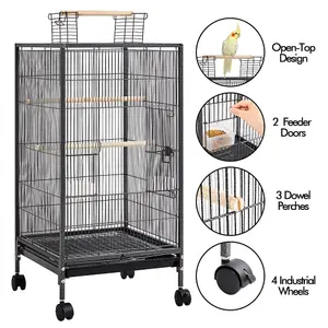 Yaheetech Black Open-Top Bird Cage with Rolling Stand