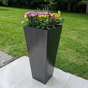 90cm Zinc Silver & Black Textured Tall Tapered Square Planter