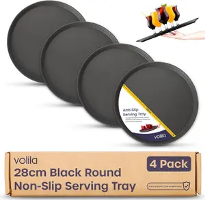 28 cm Black Round Non-Slip Serving Tray Set Rubberized, Heat-Resistant, Dishwasher Safe, Ideal for Food, Drinks, Parties & Bars