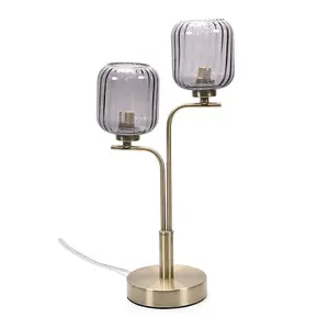 ValueLights Amelie Gold 2 Way Table Lamp with Smoked Ribbed Glass Shades - LED Bulbs Included