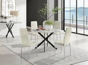 Furniturebox UK Novara White Marble Black Leg 120cm Round Dining Table & 4 Cream Velvet Milan Chairs