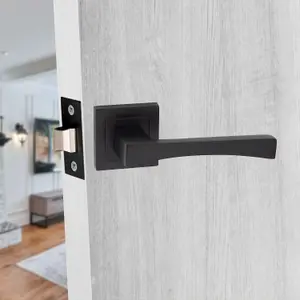 6 Pair Wave Design Door Handles Square Rose Matt Black Finish