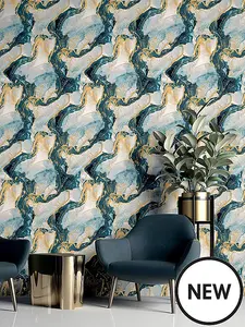 Arthouse Abstract Marble Teal/Gold Wallpaper