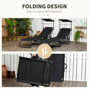 Outsunny 2 Piece Folding Sun Loungers with Adjustable Backrest, Sunshade, Black