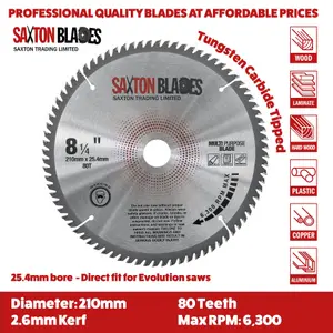 Saxton TCT21080TTCG254B TCT Circular Saw Blade 210mm x 80T x 25.4mm Bore Aluminium Laminate Hardwood