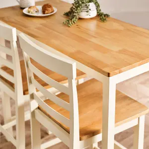 Furniturebox UK Rye Cream Painted Solid Wood Bar Table With Oak Colouur Top and 2x Matching Bar Chairs Dining Set