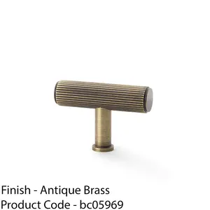 Reeded T Bar Cupboard Door Knob - 55mm x 38mm Antique Brass Lined Pull Handle