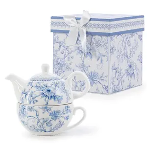 EHC Orchids Design Porcelain Tea For One Tea-pot with Handle, Microwave, Oven & Dishwasher Safe, Gift Boxed, Tea pot 490/Cup 320ml