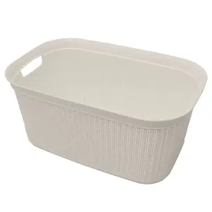 JVL Knit Design Loop Plastic Rectangular Linen Washing Basket with Handles, 38L, Ivory