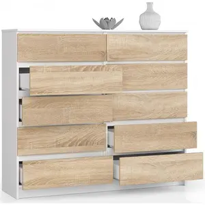 Sideboard, Chest Of Drawers 10 Drawers, Contemporary Chest Of Drawers, Modern Living Room Furniture 121 x 120 x 40 cm White/Oak