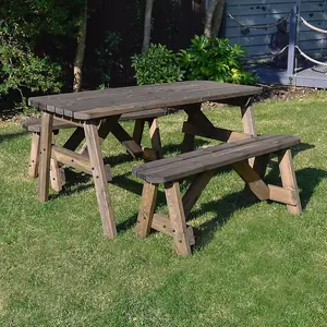 Oakham 5ft Rounded Picnic Table and Bench Set - L152 x W91 x H72 cm - Rustic Brown