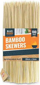 Blaze Buddy 100pk Bamboo Skewers 30cm - Wooden BBQ Skewers - Ideal as Kebab Skewers and Barbecue Skewers - Kebab Sticks