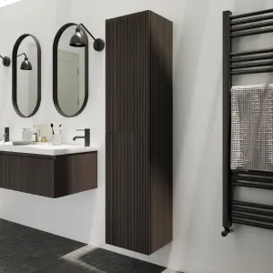 GoodHome Kentia Ribbed effect Walnut Veneer Double Bathroom Column cabinet (H)150cm (W)35cm