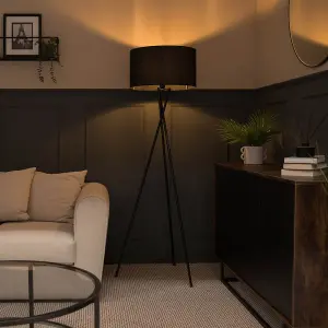 ValueLights Camden Modern Gloss Black Metal Tripod Floor Lamp with Black Cylinder Shade - Includes 6w LED Bulb 3000K Warm White