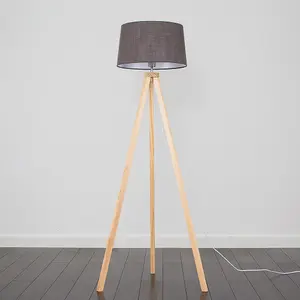 ValueLights Barbro Modern Light Wood Tripod Design Floor Lamp with Grey Tapered Shade - Includes 6w LED GLS Bulb 3000K Warm White