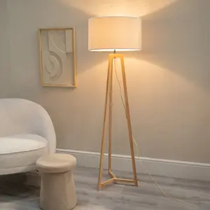 ValueLights Lottie Natural Wood Tripod Floor Lamp with Cream Boucle Drum Shade