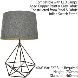 Geometric Frame Table Lamp Aged Copper & Grey Fabric Shade Bedside Feature Light