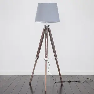 ValueLights Clipper Distressed Wood and Silver Chrome Tripod Floor Lamp with Grey Tapered Light Shade with 6w LED GLS Bulb