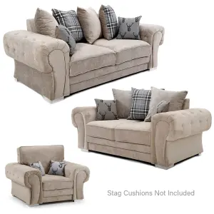 Milan Fabric 3 Piece Sofa Suite Mink Scatter Back Chesterfield Style