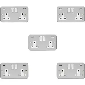 5 PACK 2 Gang 13A Switched UK Plug Socket & 2.1A USB-A HEAVY DUTY METAL CLAD