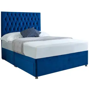 Jemma Divan Bed Set with Headboard and Mattress - Plush Fabric, Blue Color, 2 Drawers Right Side