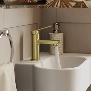 GoodHome Akita Mini Satin Brass effect Round Basin Mixer Tap