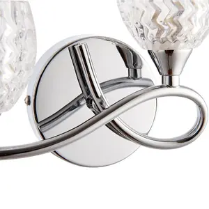 2 PACK LED Twin Wall Light Curved Chrome Arm Glass Pattern Shade Dimmable Lamp