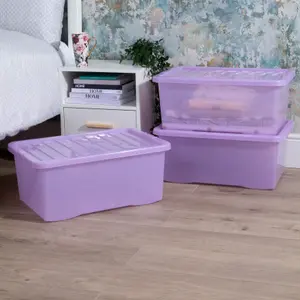 Wham Crystal Sparkle 3x 45L Plastic Storage Boxes with Lids Sparkle Lavender (Purple). Medium Size, Strong (Pack of 3, 45 Litre)