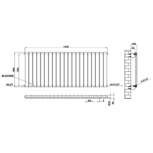 Horizontal Anthracite Single Flat Panel Radiator (H) 600 mm x (W) 1428 mm, 4598 BTU.