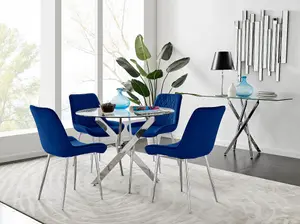 Furniturebox UK Novara Chrome Metal Round Glass Dining Table And 4 Navy Pesaro Silver Leg Chairs