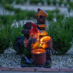 Primrose Solar Powered Rooster Pouring Pots Tiered Cascading Water Feature With Battery Backup and Lights 57cm