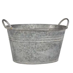 Vintage Grey Galvanised Trough Bucket Flower Pot with Handles Embossed Outdoor Garden Planter