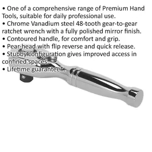 48-Tooth Stubby Pear-Head Ratchet Wrench - 1/4 Inch Sq Drive - Flip Reverse