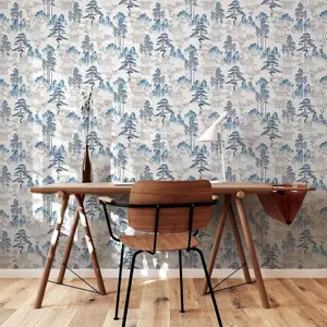 Arthouse Japanese Pagoda Floral Blue Grey Flowers Wallpaper -924803