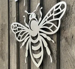 Large Bee decorations SET OF 2 x 40cm silver metal fence wall art or home decoration