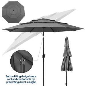 Yaheetech Grey 3.2m 3 Tier Tiltable Patio Parasol Vented Table Umbrella with Crank