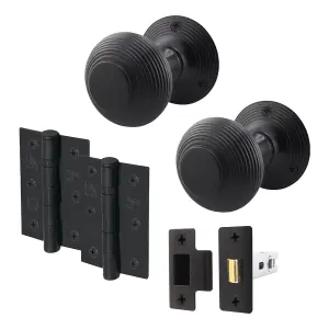 AFIT Beehive Reeded Black Door Knob Set - 1 Pair Matt Black Mortice Knobs (55mm), Latch (76mm) & Hinges (76mm) for Internal Doors